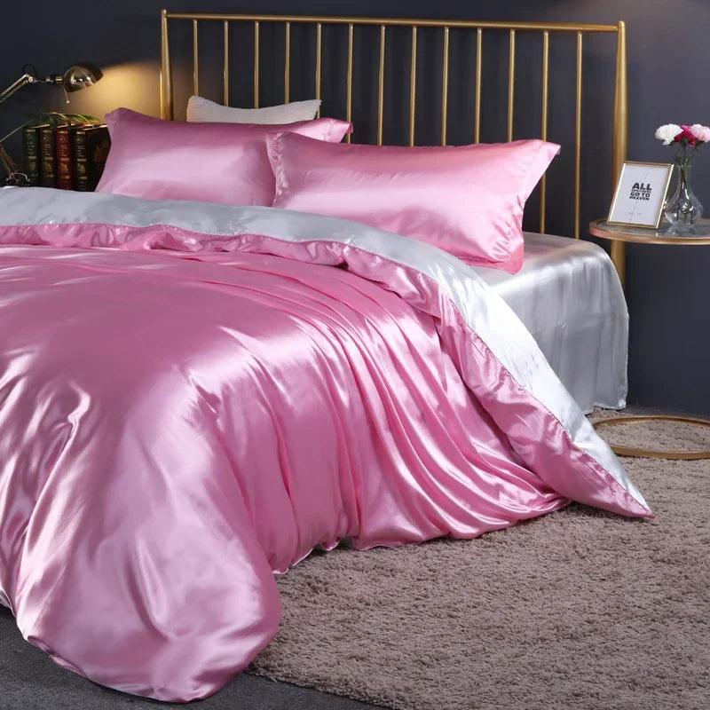 Silk Bedding Set with Duvet Cover Fitted/Flat Bed Sheet Pillowcase Luxury Satin Bedsheet Solid Color King Queen Twin Size - Heavenly Home Linens