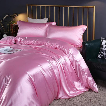 Silk Bedding Set with Duvet Cover Fitted/Flat Bed Sheet Pillowcase Luxury Satin Bedsheet Solid Color King Queen Twin Size - Heavenly Home Linens