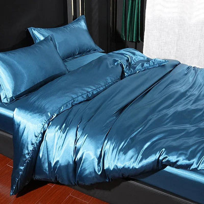 Silk Bedding Set with Duvet Cover Fitted/Flat Bed Sheet Pillowcase Luxury Satin Bedsheet Solid Color King Queen Twin Size - Heavenly Home Linens