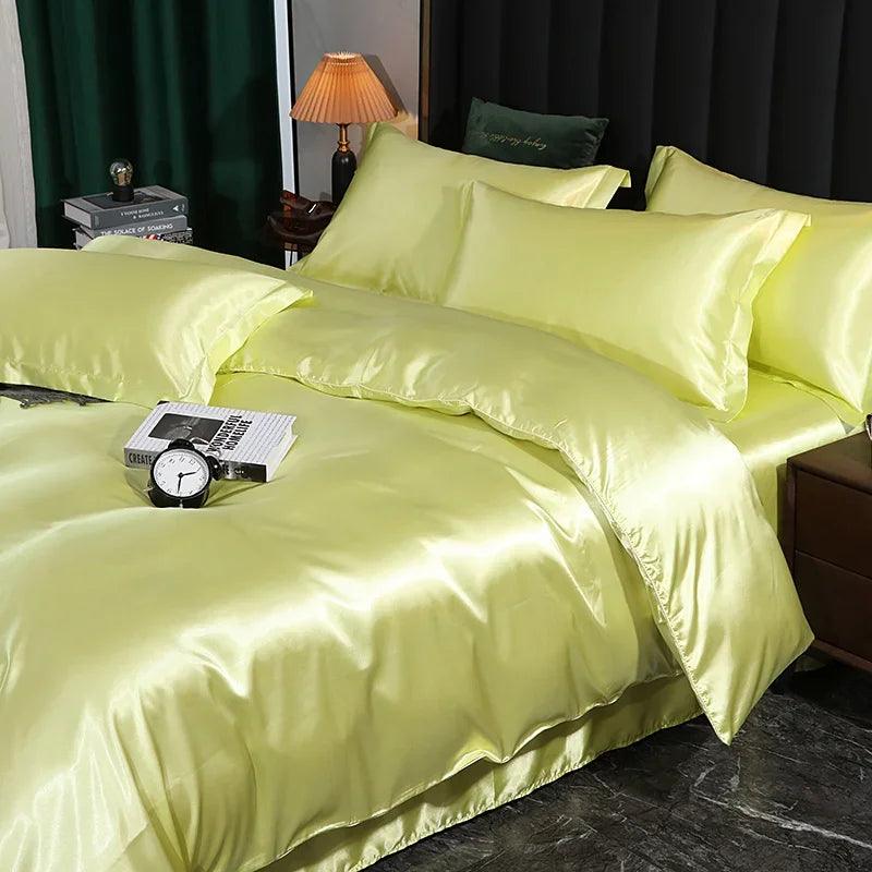 Silk Bedding Set with Duvet Cover Fitted/Flat Bed Sheet Pillowcase Luxury Satin Bedsheet Solid Color King Queen Twin Size - Heavenly Home Linens