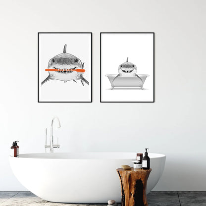 Animals Shark Pig Donkey Cat In Toilet Reading Newspaper Poster Canvas Painting Print Funny Wall Art Picture Kids Bathroom Decor