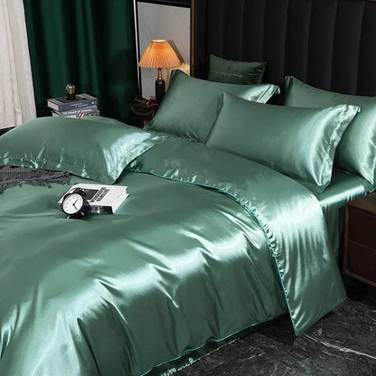 Silk Bedding Set with Duvet Cover Fitted/Flat Bed Sheet Pillowcase Luxury Satin Bedsheet Solid Color King Queen Twin Size - Heavenly Home Linens