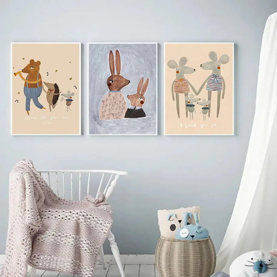 Mouse Family Rabbit Fox Hedgehog Dance Nursery Poster Nordic Wall Art Print Canvas Painting Boho Pictures For Bedroom Baby Decor