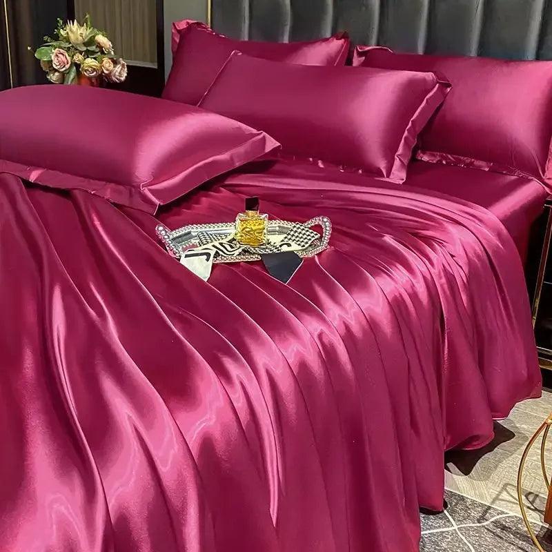 Nordic Silk Bedding Set with Duvet Cover Bed Sheet Pillowcase Luxury Couple Single Double Summer 1/2 People Solid Bedsheet - Heavenly Home Linens