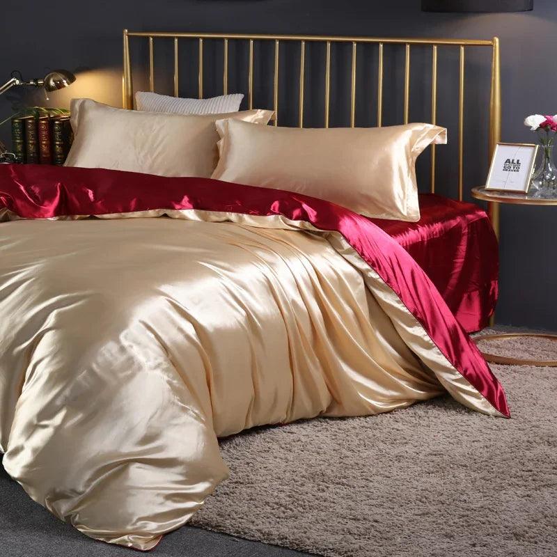 Silk Bedding Set with Duvet Cover Fitted/Flat Bed Sheet Pillowcase Luxury Satin Bedsheet Solid Color King Queen Twin Size - Heavenly Home Linens