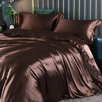 Silk Bedding Set with Duvet Cover Fitted/Flat Bed Sheet Pillowcase Luxury Satin Bedsheet Solid Color King Queen Twin Size - Heavenly Home Linens