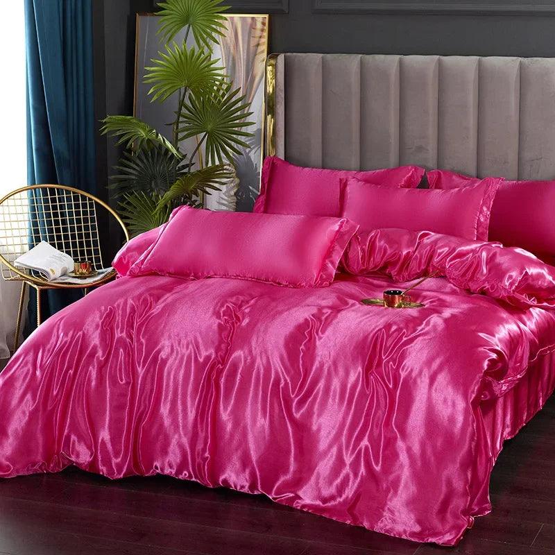 Silk Bedding Set with Duvet Cover Bed Sheet Pillowcase Luxury Satin Bedsheet Solid Color Double Single King Queen Full Twin Size - Heavenly Home Linens