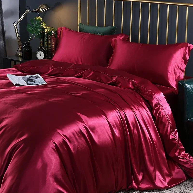 Silk Bedding Set with Duvet Cover Fitted/Flat Bed Sheet Pillowcase Luxury Satin Bedsheet Solid Color King Queen Twin Size - Heavenly Home Linens