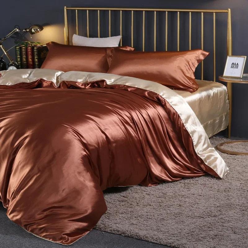 Silk Bedding Set with Duvet Cover Fitted/Flat Bed Sheet Pillowcase Luxury Satin Bedsheet Solid Color King Queen Twin Size - Heavenly Home Linens