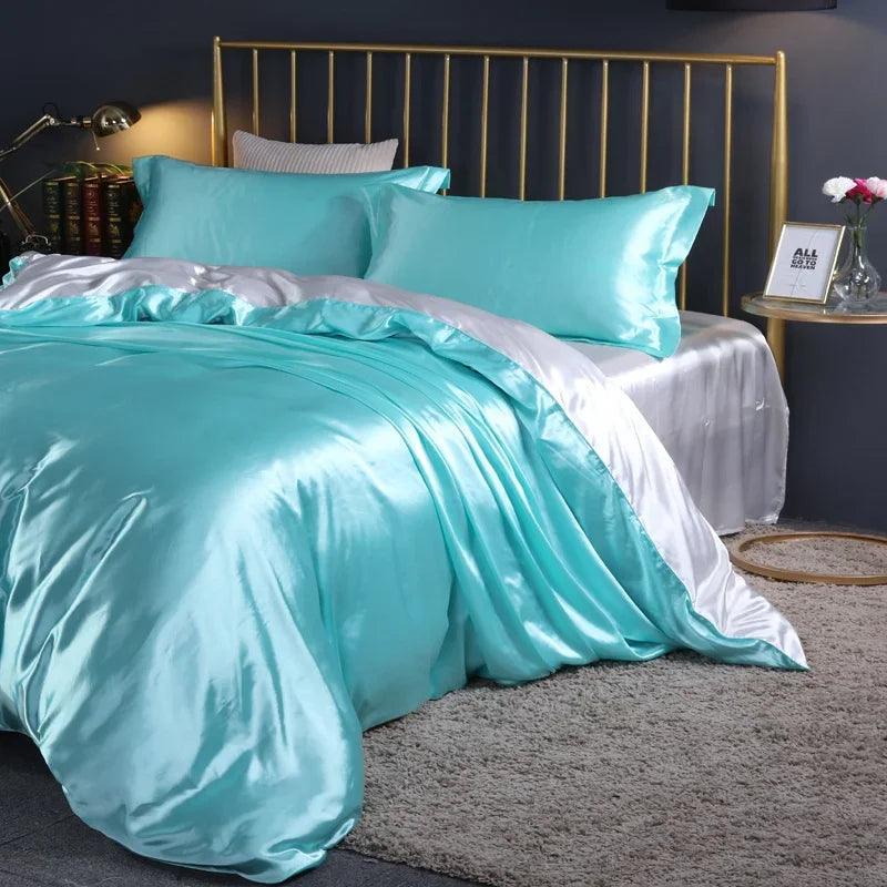 Silk Bedding Set with Duvet Cover Fitted/Flat Bed Sheet Pillowcase Luxury Satin Bedsheet Solid Color King Queen Twin Size - Heavenly Home Linens