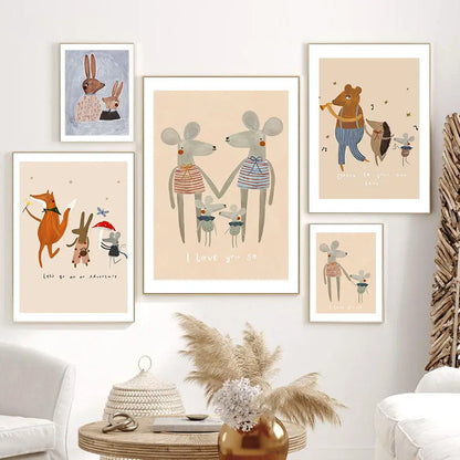 Mouse Family Rabbit Fox Hedgehog Dance Nursery Poster Nordic Wall Art Print Canvas Painting Boho Pictures For Bedroom Baby Decor