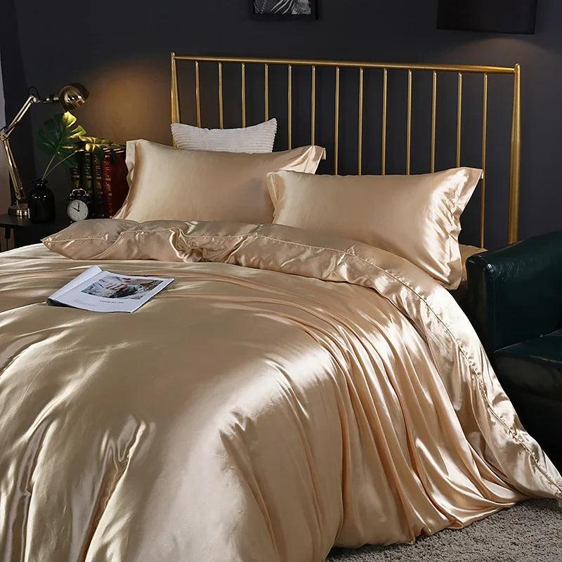 Silk Bedding Set with Duvet Cover Fitted/Flat Bed Sheet Pillowcase Luxury Satin Bedsheet Solid Color King Queen Twin Size - Heavenly Home Linens