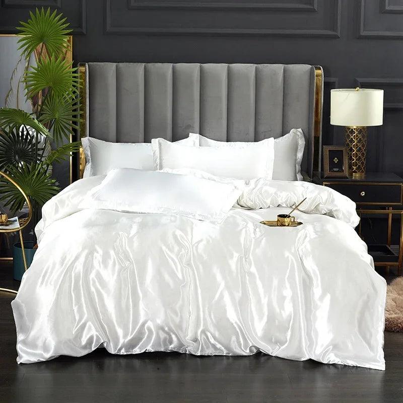 Silk Bedding Set with Duvet Cover Bed Sheet Pillowcase Luxury Satin Bedsheet Solid Color Double Single King Queen Full Twin Size - Heavenly Home Linens