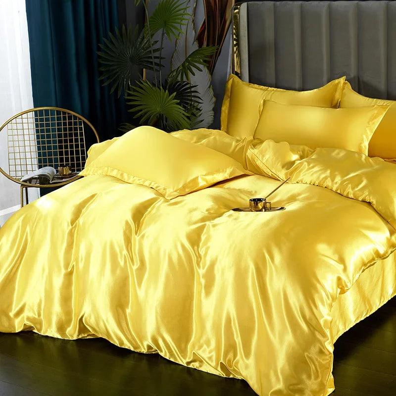 Silk Bedding Set with Duvet Cover Bed Sheet Pillowcase Luxury Satin Bedsheet Solid Color Double Single King Queen Full Twin Size - Heavenly Home Linens