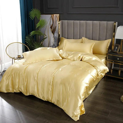 Silk Bedding Set with Duvet Cover Bed Sheet Pillowcase Luxury Satin Bedsheet Solid Color Double Single King Queen Full Twin Size - Heavenly Home Linens