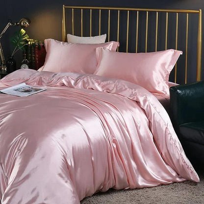 Silk Bedding Set with Duvet Cover Fitted/Flat Bed Sheet Pillowcase Luxury Satin Bedsheet Solid Color King Queen Twin Size - Heavenly Home Linens