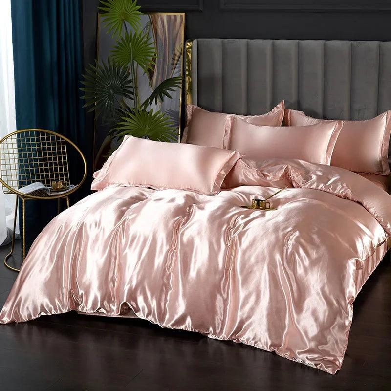 Silk Bedding Set with Duvet Cover Bed Sheet Pillowcase Luxury Satin Bedsheet Solid Color Double Single King Queen Full Twin Size - Heavenly Home Linens