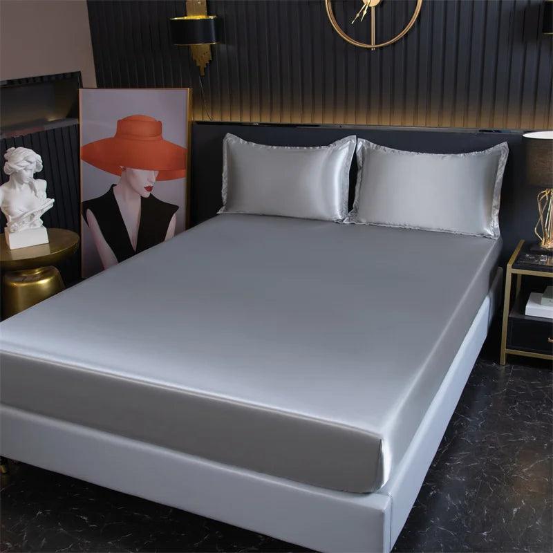 High-End Solid Color Fitted Sheet Luxury Satin Mattress Cover With Elastic Band Bedsheet Bedding Fit Sheet - Heavenly Home Linens