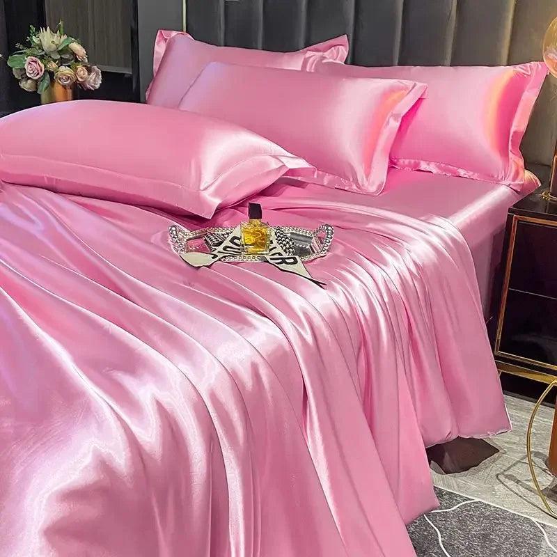 Nordic Silk Bedding Set with Duvet Cover Bed Sheet Pillowcase Luxury Couple Single Double Summer 1/2 People Solid Bedsheet - Heavenly Home Linens