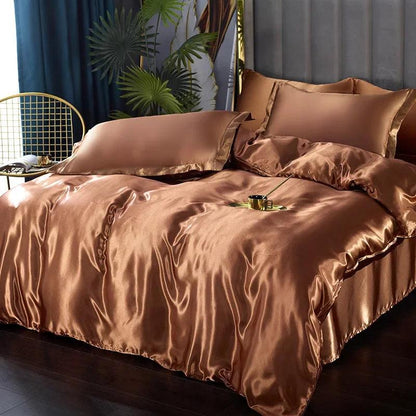 Silk Bedding Set with Duvet Cover Bed Sheet Pillowcase Luxury Satin Bedsheet Solid Color Double Single King Queen Full Twin Size - Heavenly Home Linens