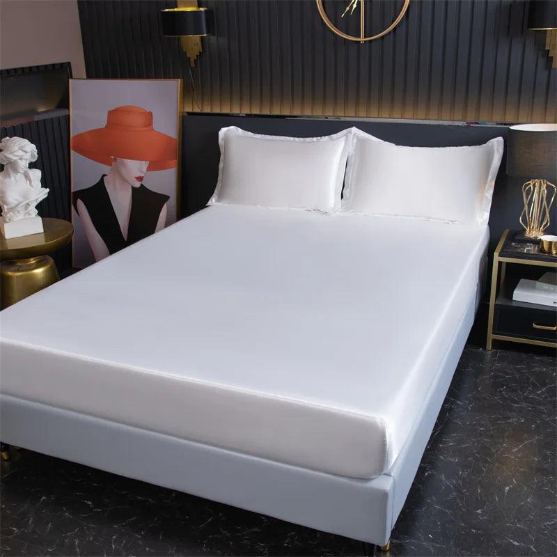 High-End Solid Color Fitted Sheet Luxury Satin Mattress Cover With Elastic Band Bedsheet Bedding Fit Sheet - Heavenly Home Linens